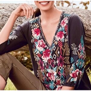 Johnny Was Embroidered Tunic Top Aztec Floral Bohemian Blouse Colorful Pattern